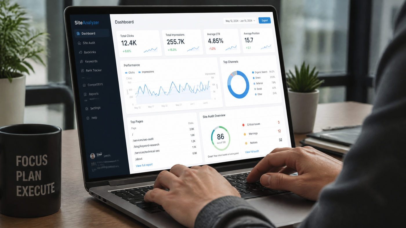 Digital marketing dashboard displaying SEO metrics and site performance data on a laptop screen.